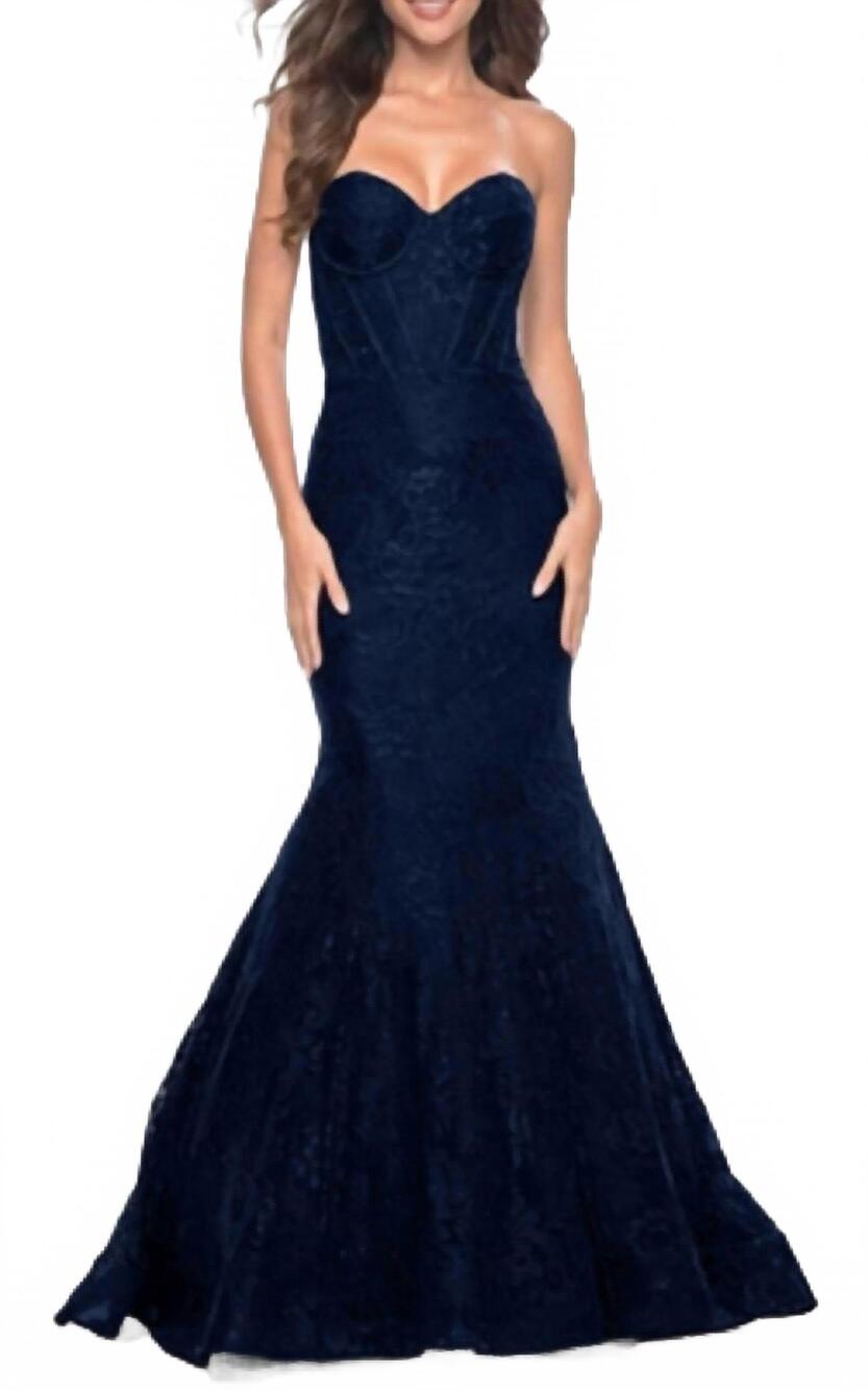 NEW LA FEMME lace mermaid prom dress in marine blue